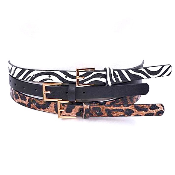 3 PC Leather Animal Print Skinny Belt Statement Set - Picture 2 of 5